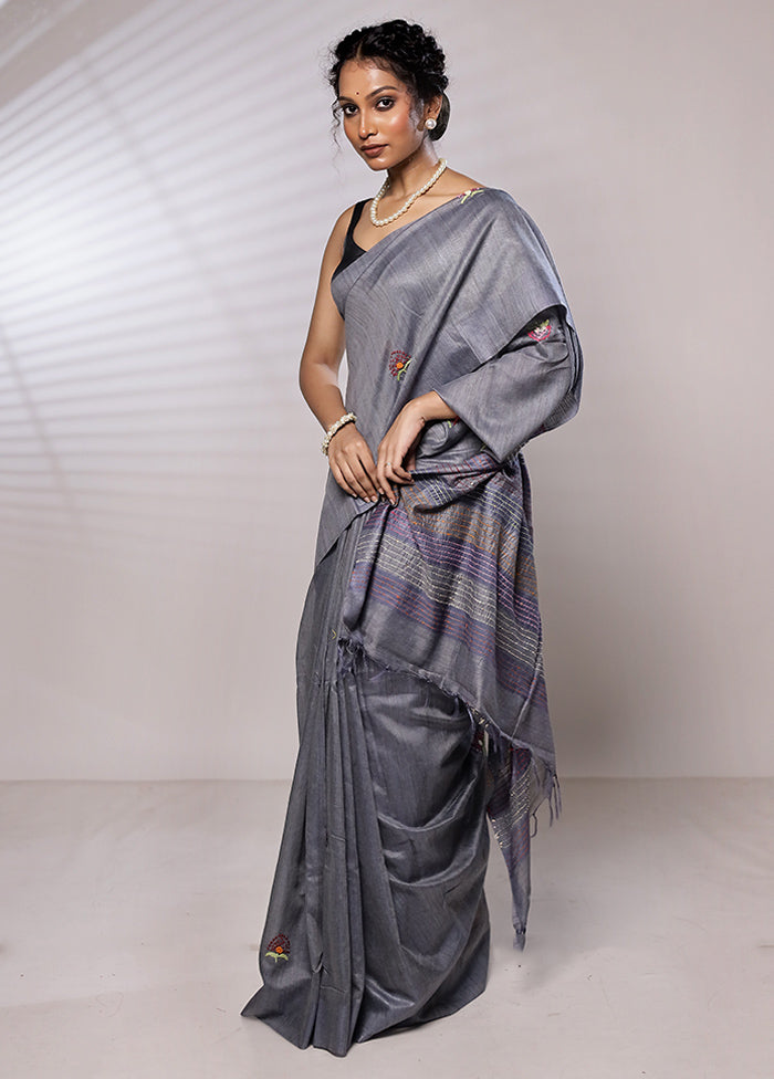 Grey Dupion Silk Saree With Blouse Piece