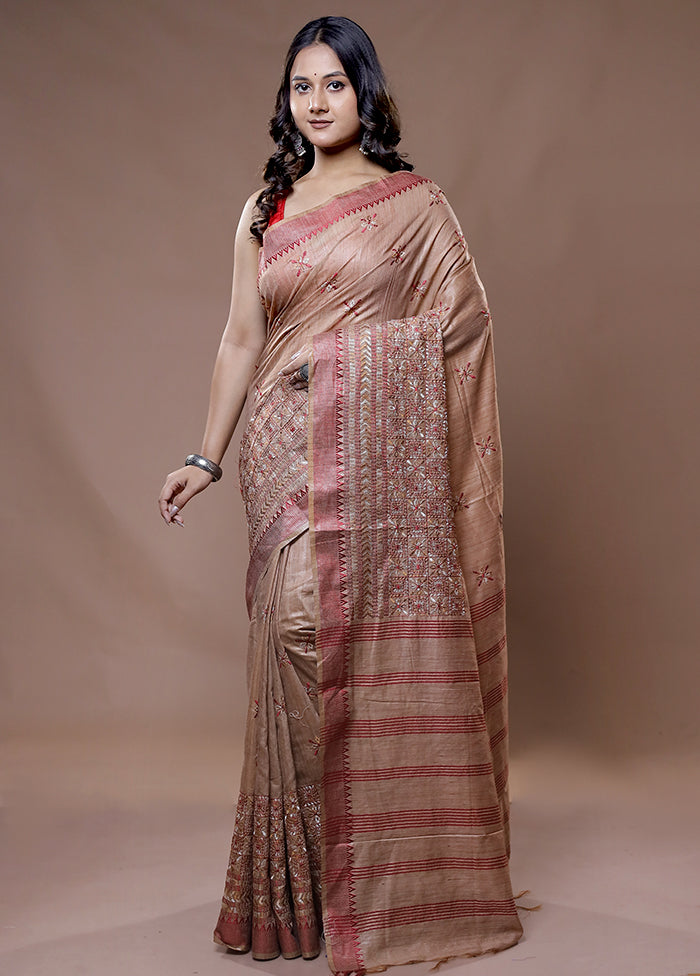 Cream Dupion Silk Saree With Blouse Piece - Indian Silk House Agencies