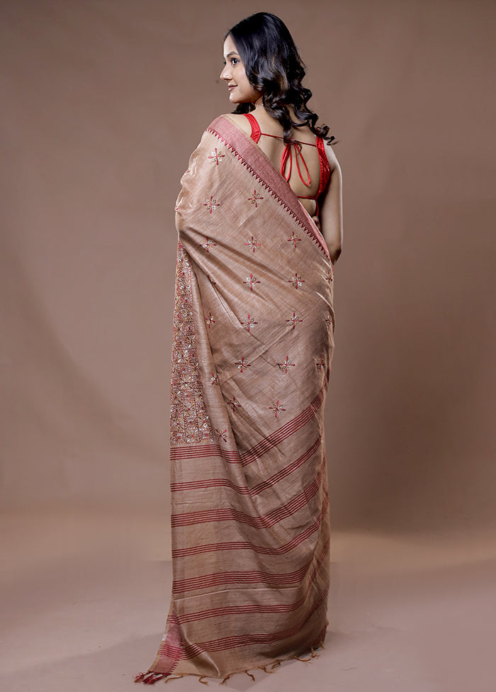 Cream Dupion Silk Saree With Blouse Piece - Indian Silk House Agencies