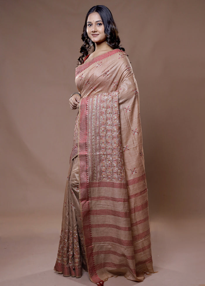 Cream Dupion Silk Saree With Blouse Piece - Indian Silk House Agencies