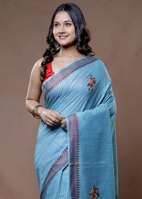 Blue Dupion Silk Saree With Blouse Piece - Indian Silk House Agencies