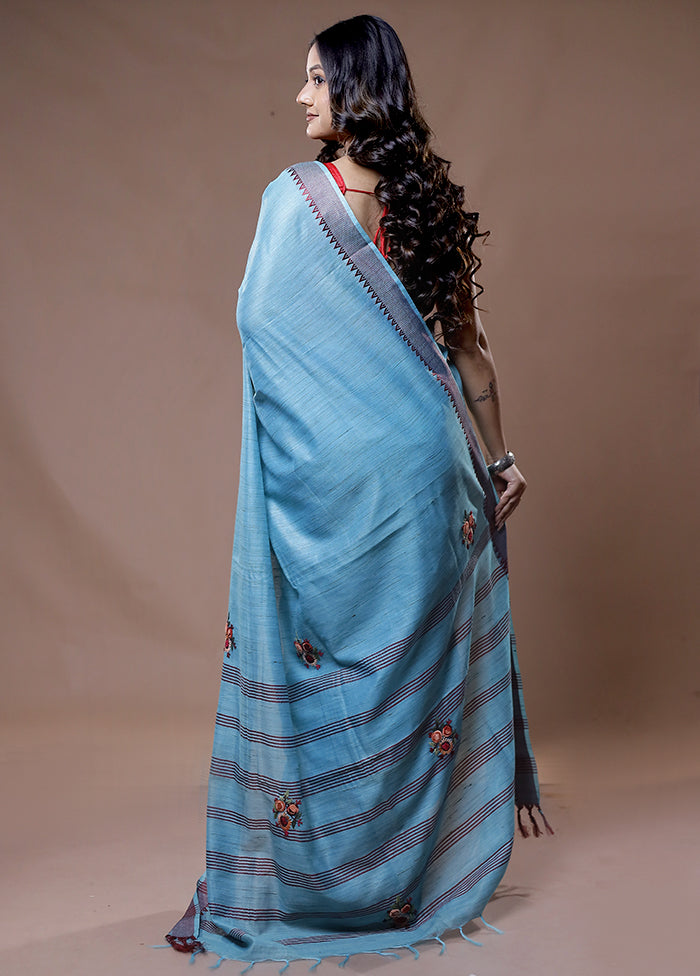 Blue Dupion Silk Saree With Blouse Piece - Indian Silk House Agencies