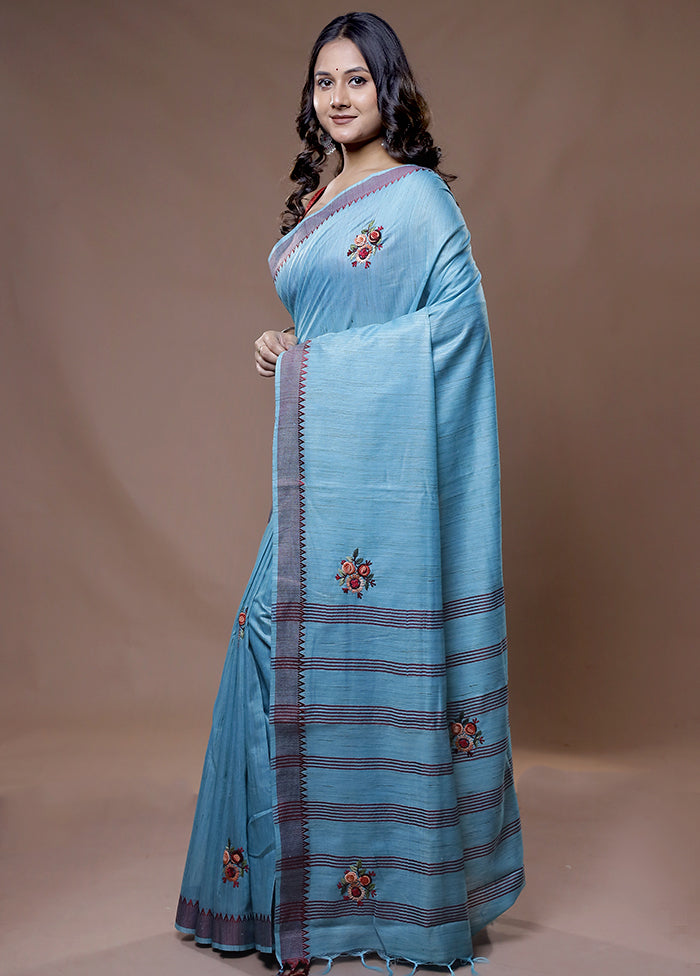 Blue Dupion Silk Saree With Blouse Piece - Indian Silk House Agencies