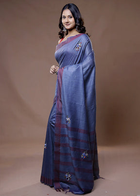 Grey Dupion Silk Saree With Blouse Piece - Indian Silk House Agencies