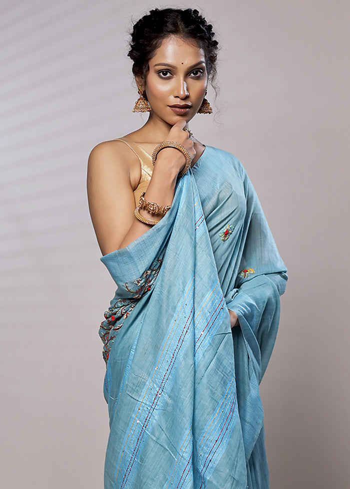 Blue Dupion Silk Saree With Blouse Piece - Indian Silk House Agencies