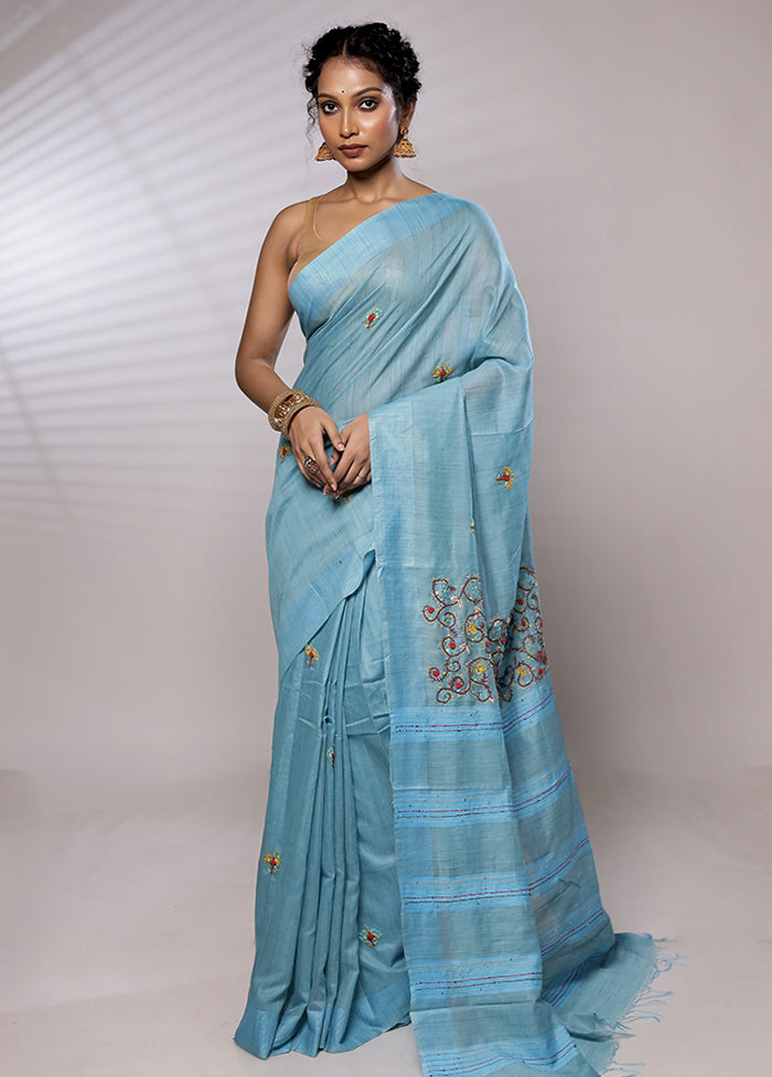 Blue Dupion Silk Saree With Blouse Piece - Indian Silk House Agencies