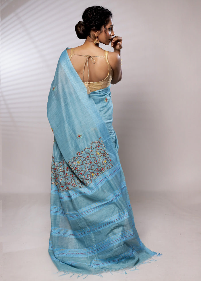 Blue Dupion Silk Saree With Blouse Piece - Indian Silk House Agencies