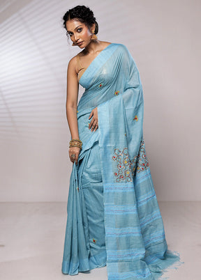 Blue Dupion Silk Saree With Blouse Piece - Indian Silk House Agencies