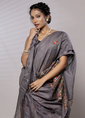 Grey Dupion Silk Saree With Blouse Piece - Indian Silk House Agencies