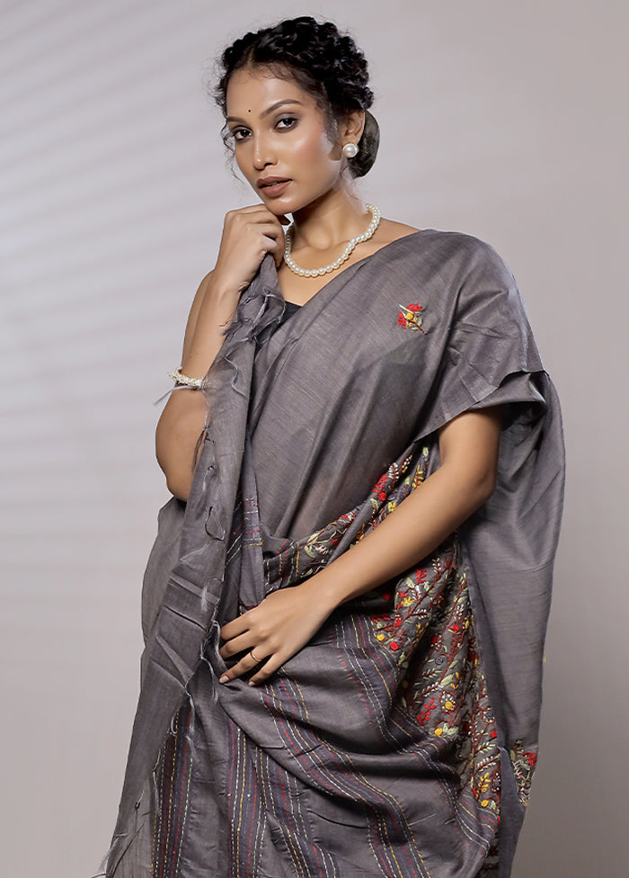 Grey Dupion Silk Saree With Blouse Piece