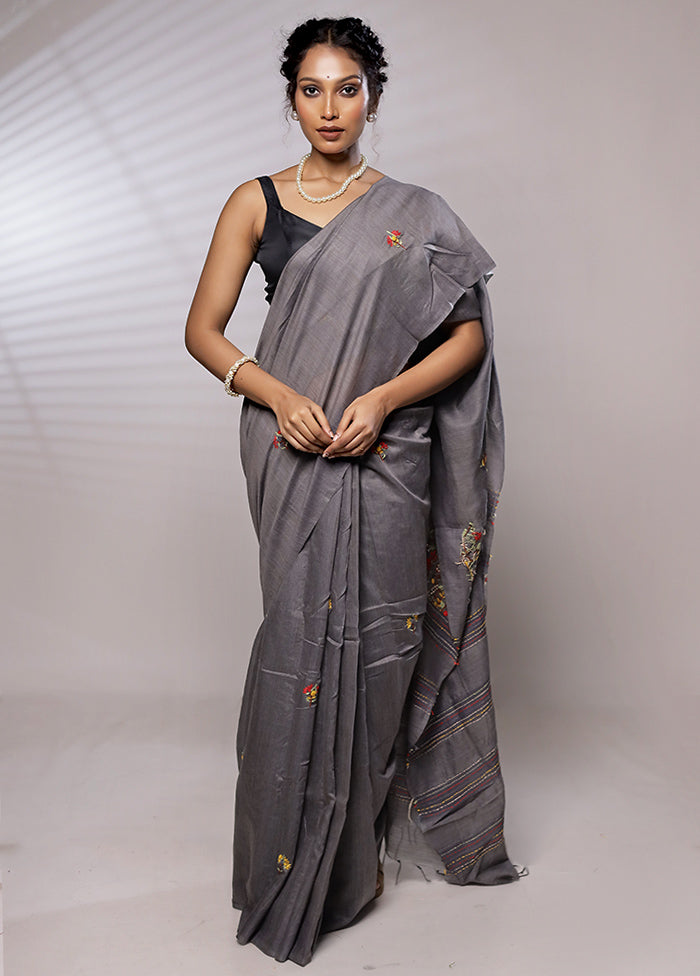 Grey Dupion Silk Saree With Blouse Piece - Indian Silk House Agencies