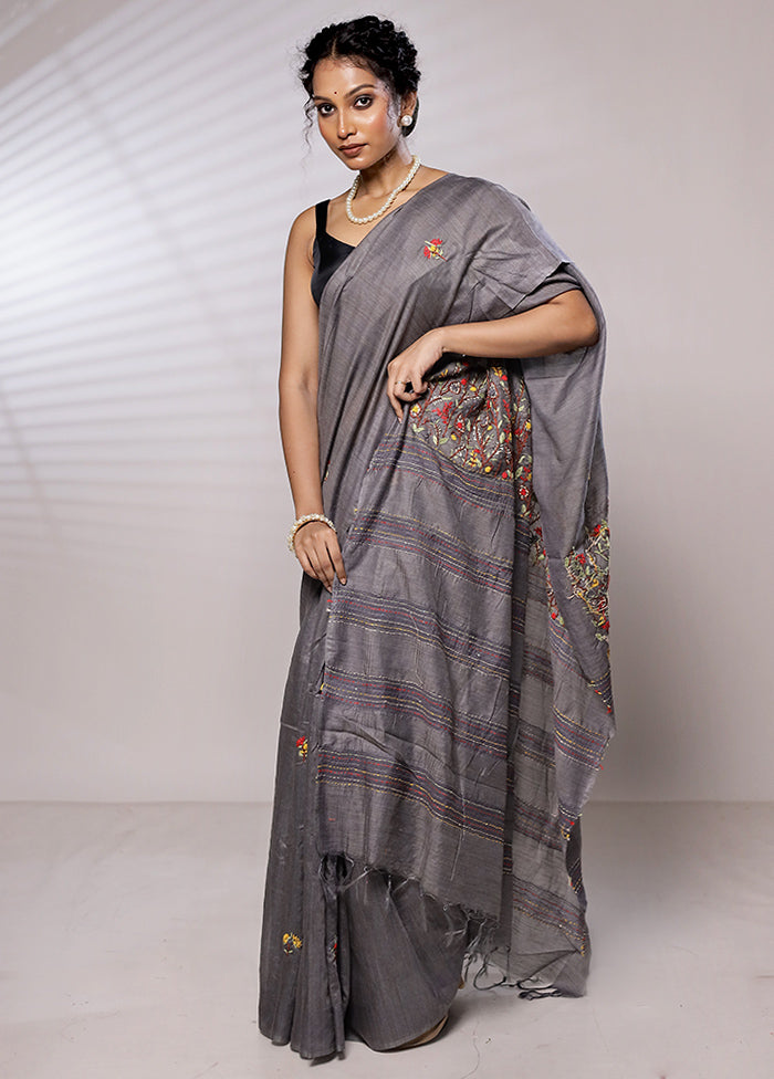 Grey Dupion Silk Saree With Blouse Piece - Indian Silk House Agencies