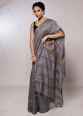 Grey Dupion Silk Saree With Blouse Piece - Indian Silk House Agencies