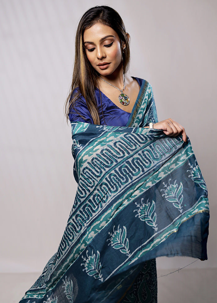 Blue Chanderi Cotton Saree With Blouse Piece