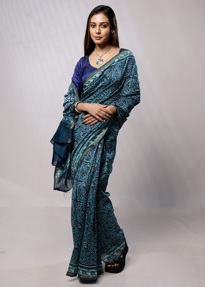 Blue Chanderi Cotton Saree With Blouse Piece