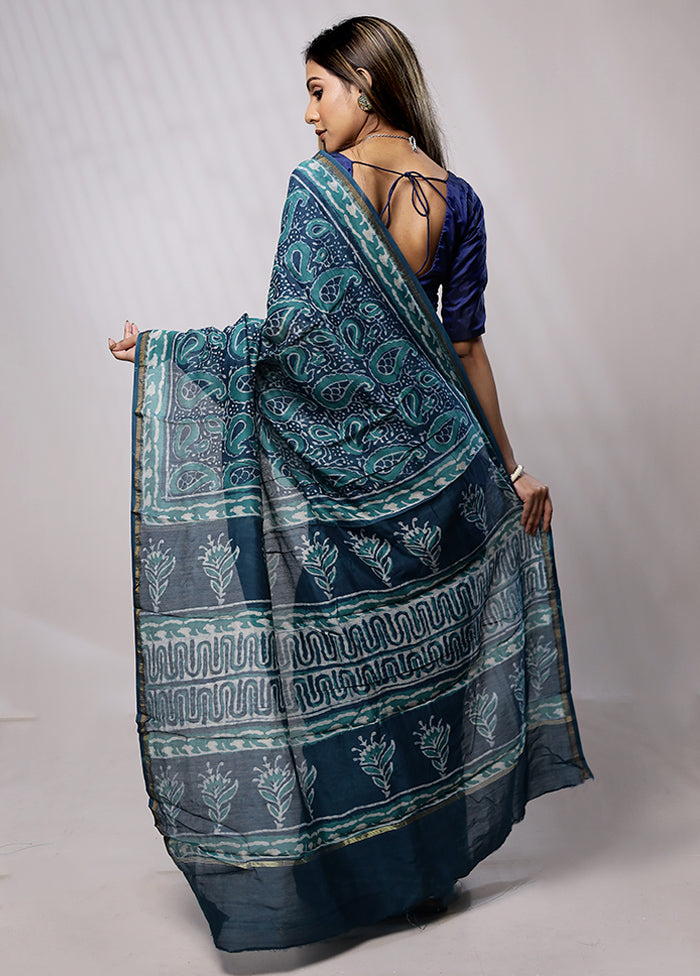 Blue Chanderi Cotton Saree With Blouse Piece