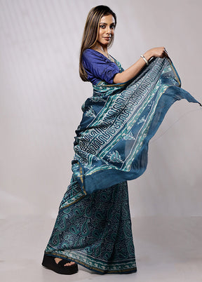 Blue Chanderi Cotton Saree With Blouse Piece