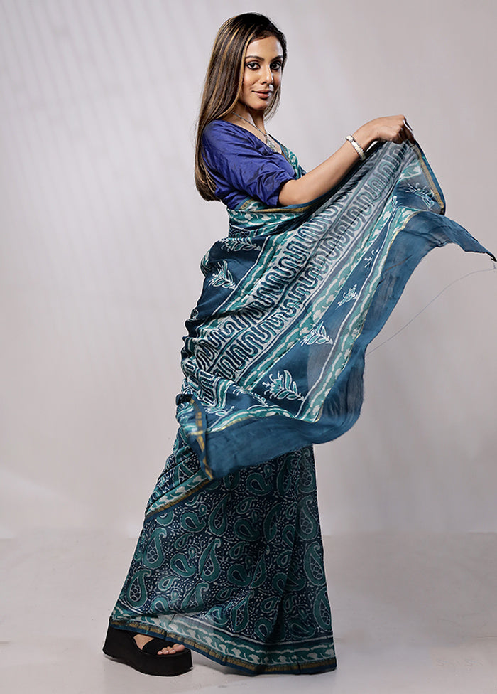 Blue Chanderi Cotton Saree With Blouse Piece