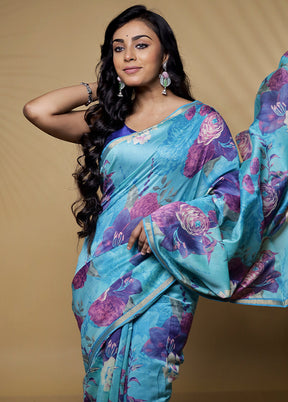 Blue Chanderi Cotton Saree Without Blouse Piece - Indian Silk House Agencies