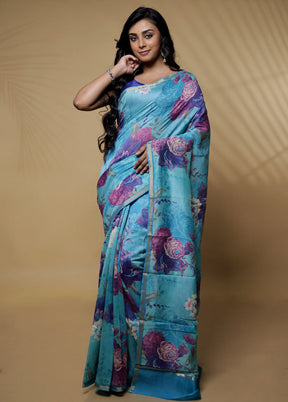 Blue Chanderi Cotton Saree Without Blouse Piece - Indian Silk House Agencies