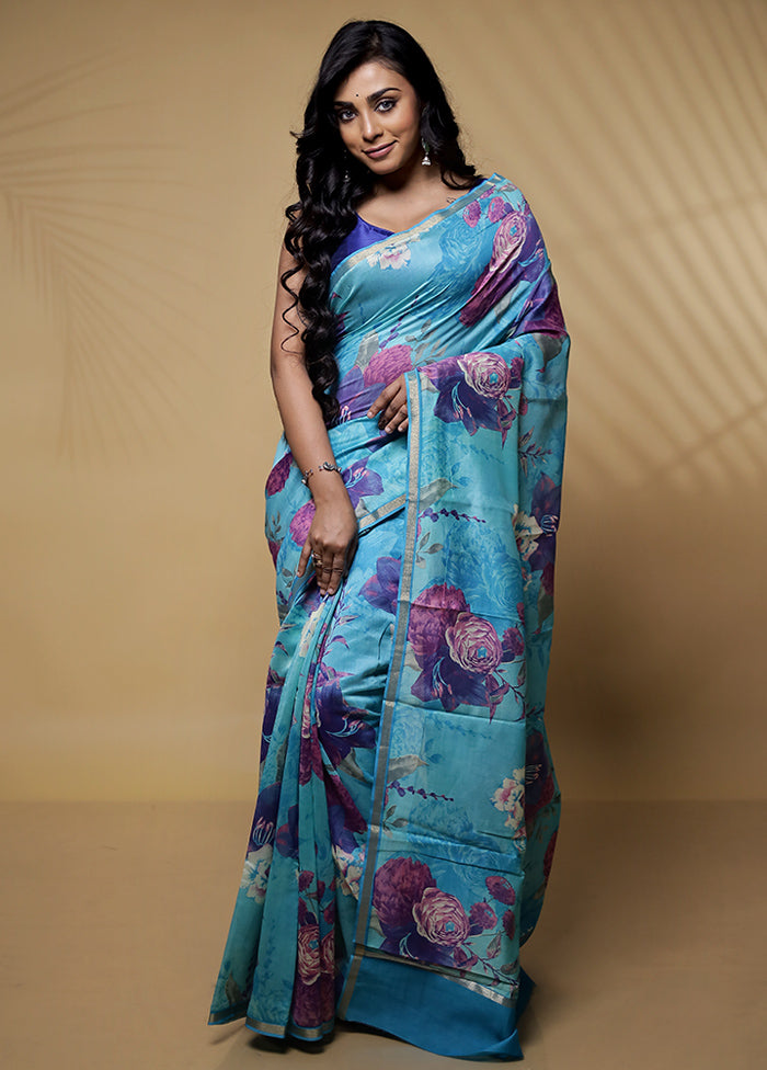 Blue Chanderi Cotton Saree Without Blouse Piece - Indian Silk House Agencies