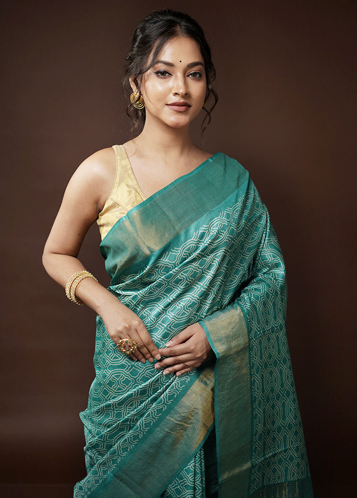 Green Tussar Silk Saree With Blouse Piece - Indian Silk House Agencies