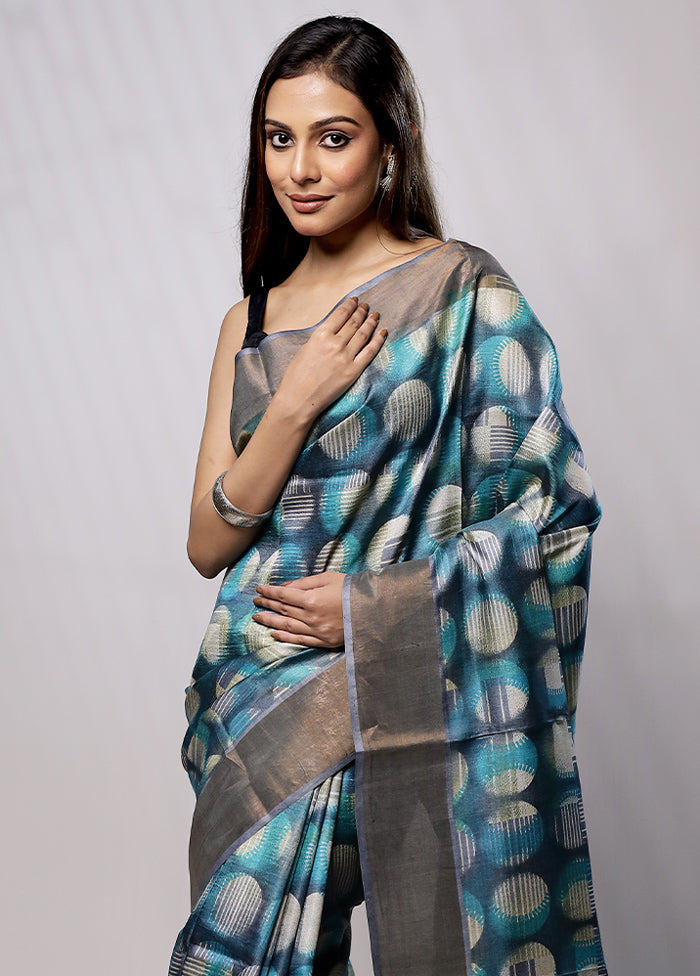 Blue Tussar Silk Saree With Blouse Piece