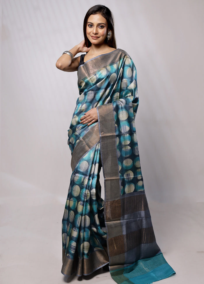 Blue Tussar Silk Saree With Blouse Piece