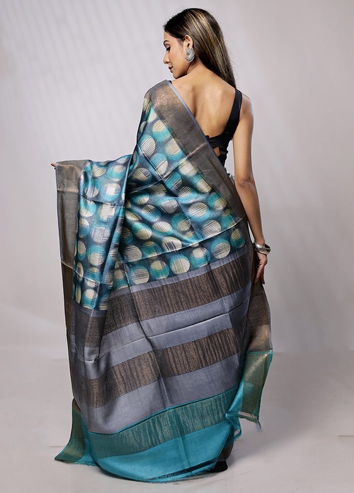 Blue Tussar Silk Saree With Blouse Piece