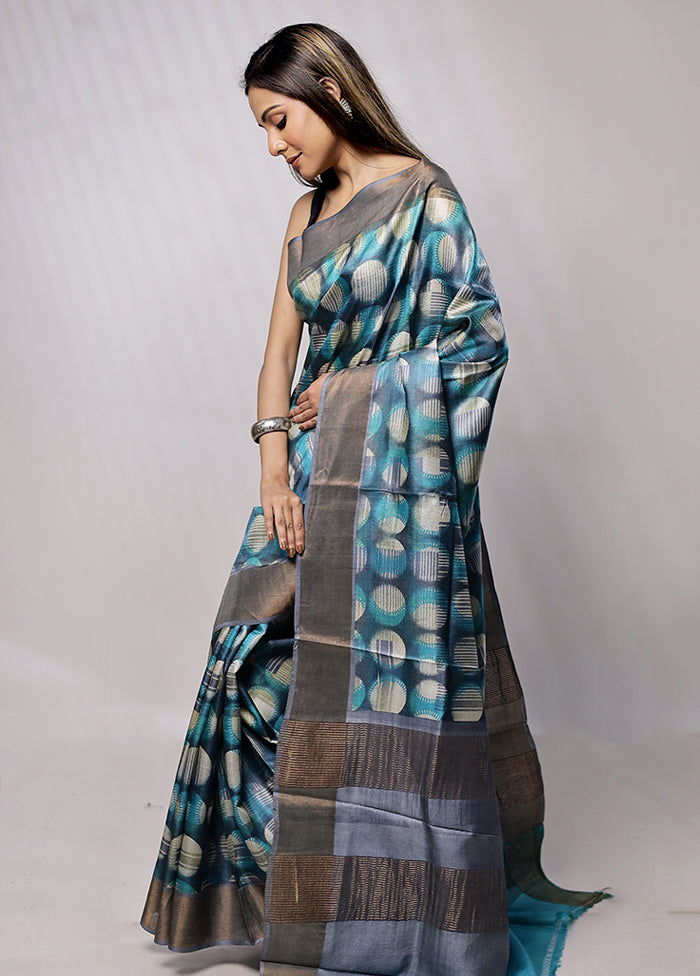 Blue Tussar Silk Saree With Blouse Piece