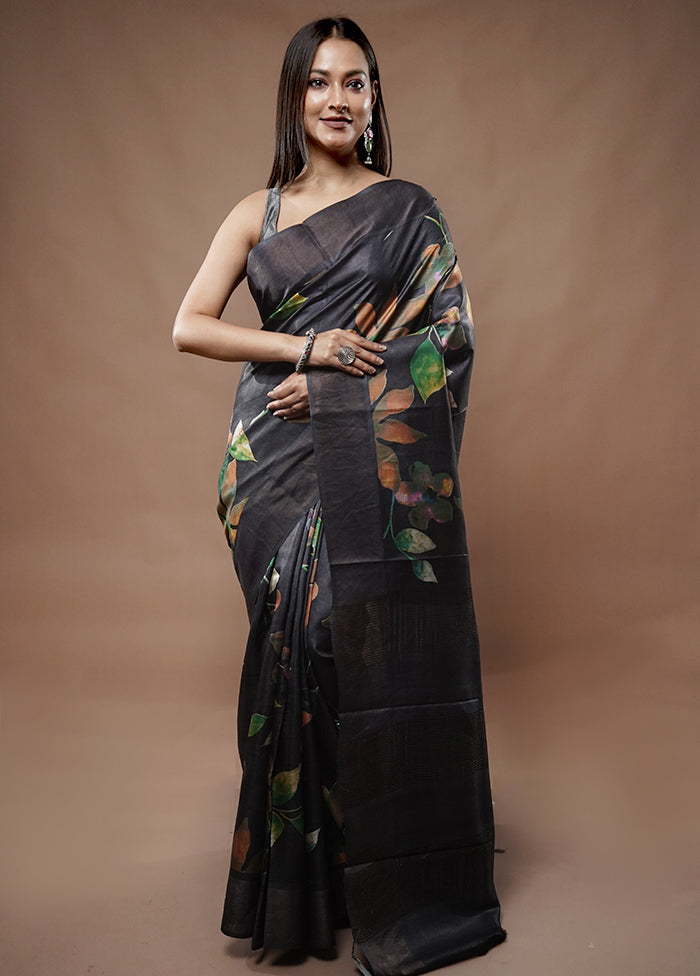 Black Tussar Silk Saree With Blouse Piece - Indian Silk House Agencies