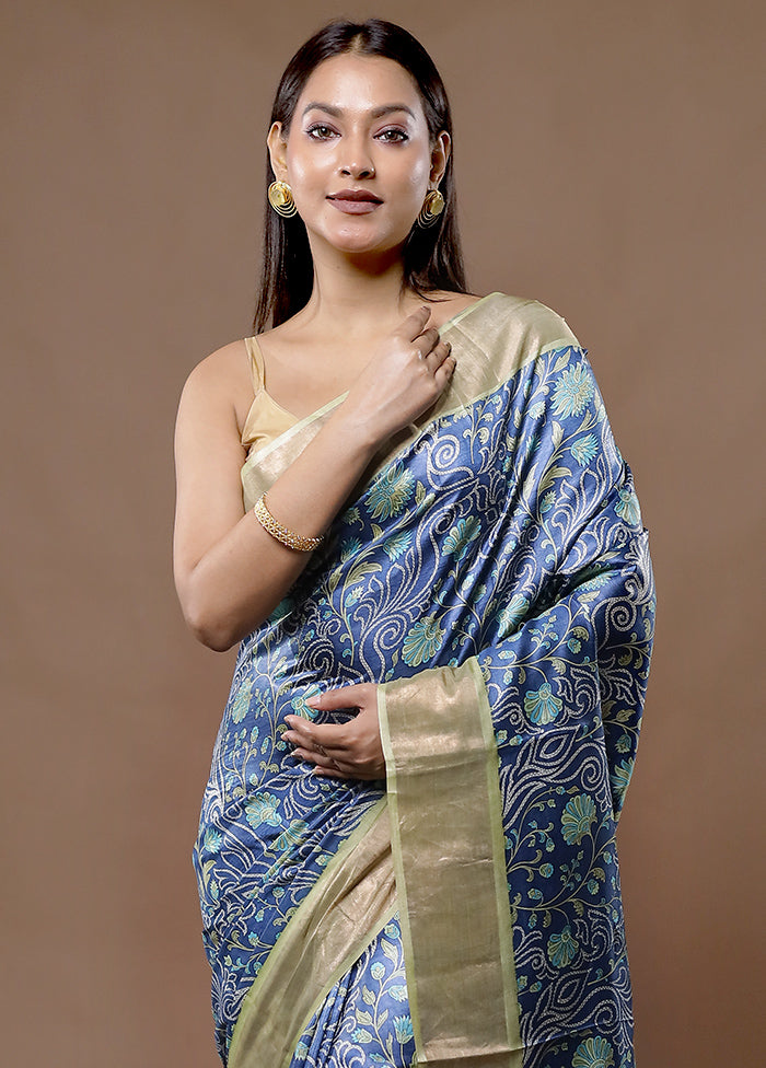 Blue Tussar Silk Saree With Blouse Piece - Indian Silk House Agencies