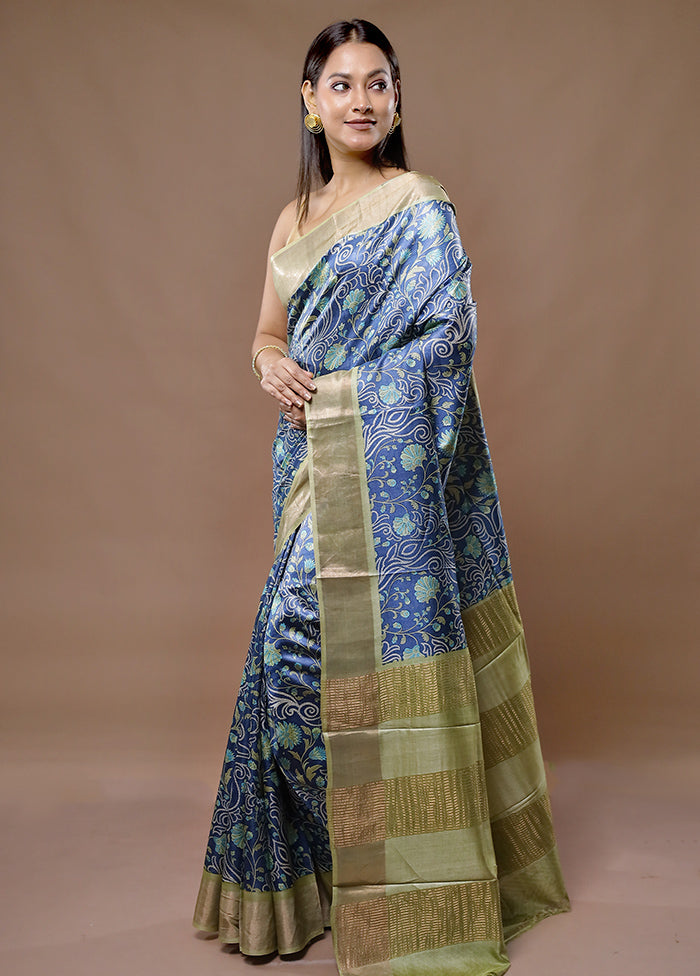 Blue Tussar Silk Saree With Blouse Piece - Indian Silk House Agencies