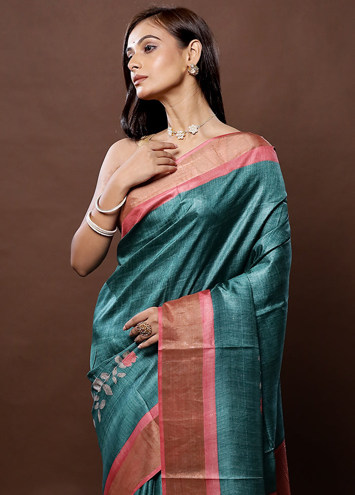 Blue Tussar Silk Saree With Blouse Piece