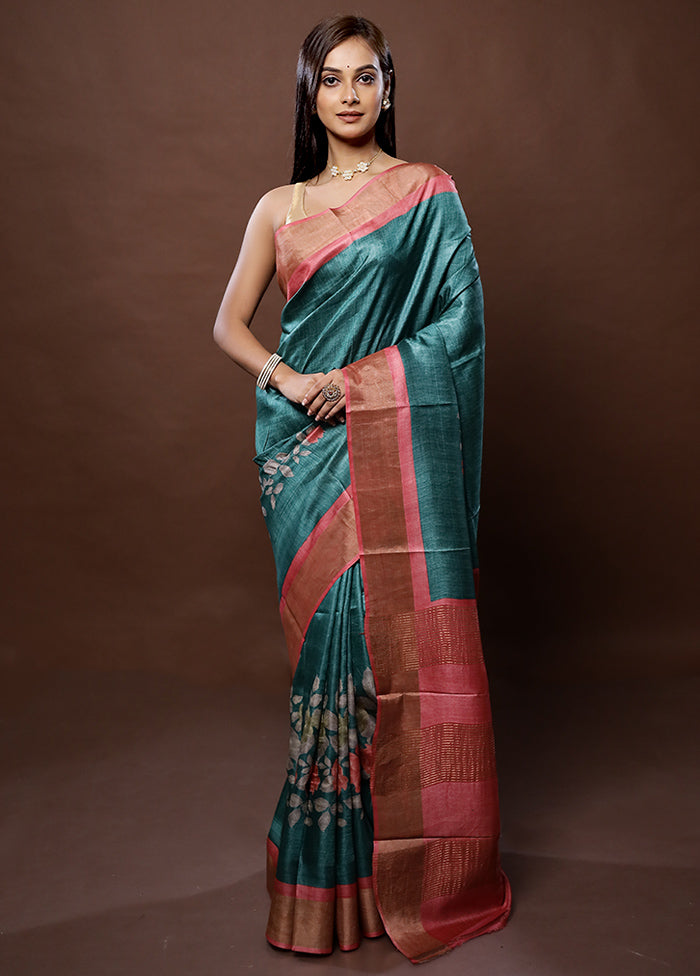 Blue Tussar Silk Saree With Blouse Piece