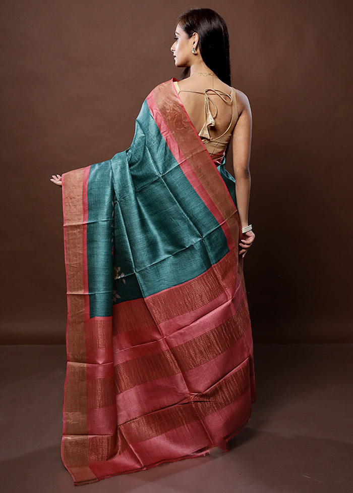 Blue Tussar Silk Saree With Blouse Piece