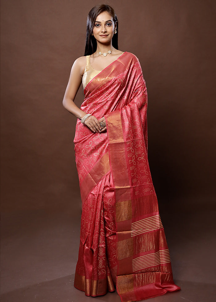 Pink Tussar Silk Saree With Blouse Piece