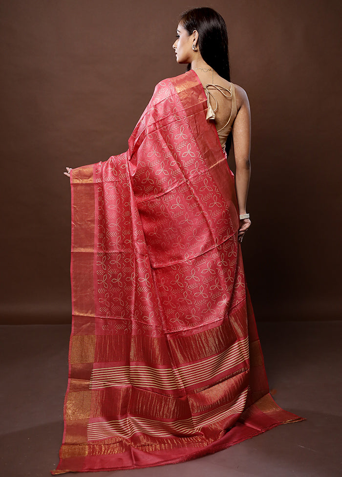 Pink Tussar Silk Saree With Blouse Piece