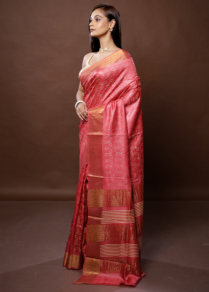 Pink Tussar Silk Saree With Blouse Piece