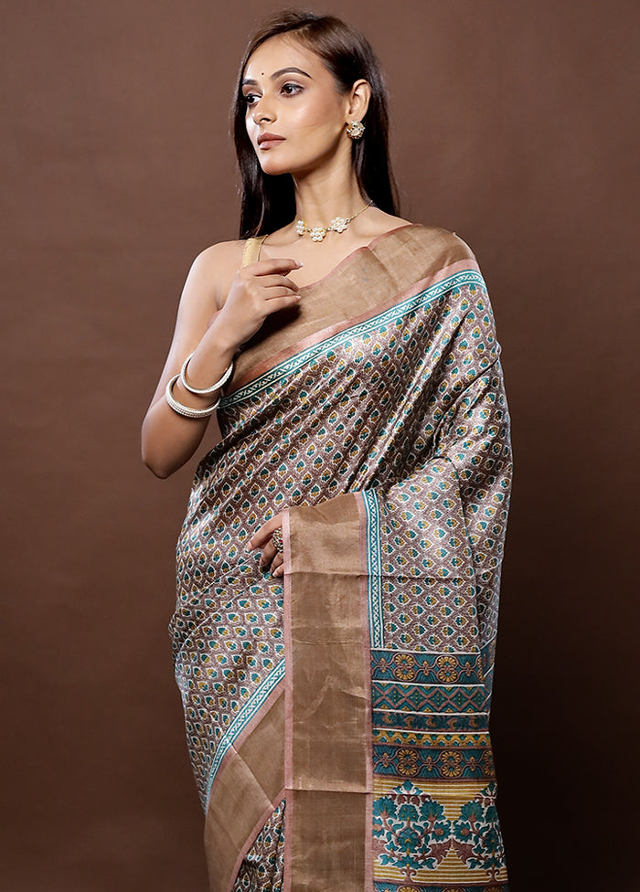 Grey Tussar Silk Saree With Blouse Piece