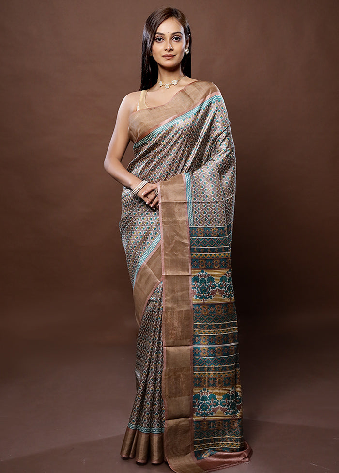 Grey Tussar Silk Saree With Blouse Piece