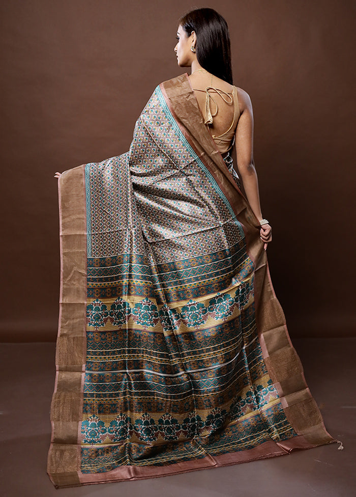 Grey Tussar Silk Saree With Blouse Piece