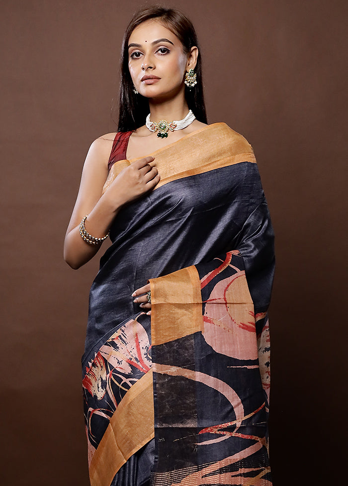 Black Tussar Silk Saree With Blouse Piece