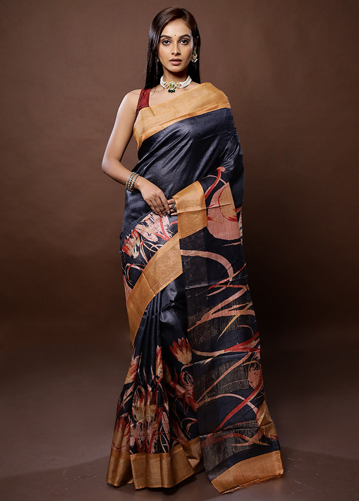 Black Tussar Silk Saree With Blouse Piece