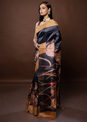 Black Tussar Silk Saree With Blouse Piece