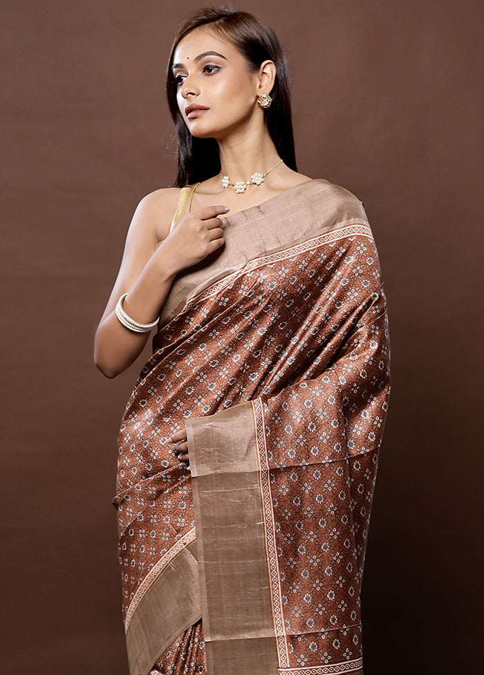 Brown Tussar Silk Saree With Blouse Piece - Indian Silk House Agencies