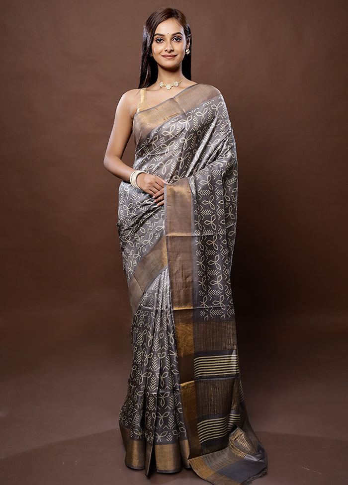 Grey Tussar Silk Saree With Blouse Piece - Indian Silk House Agencies