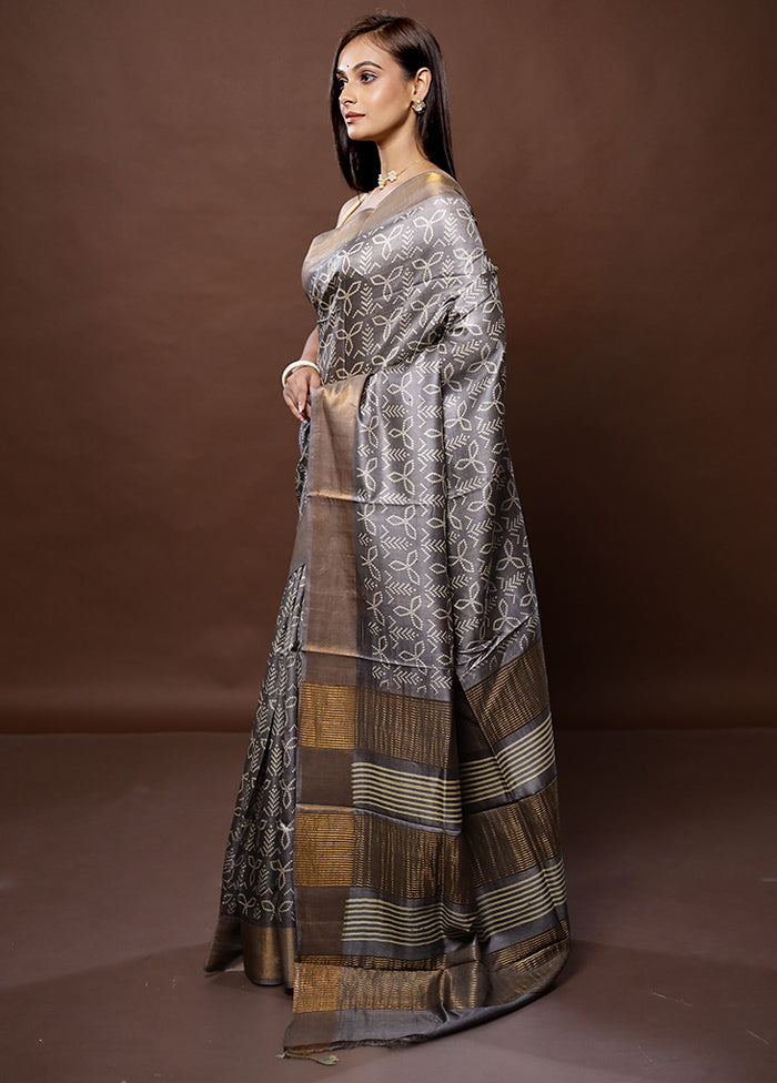 Grey Tussar Silk Saree With Blouse Piece