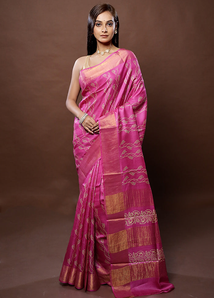 Pink Tussar Silk Saree With Blouse Piece