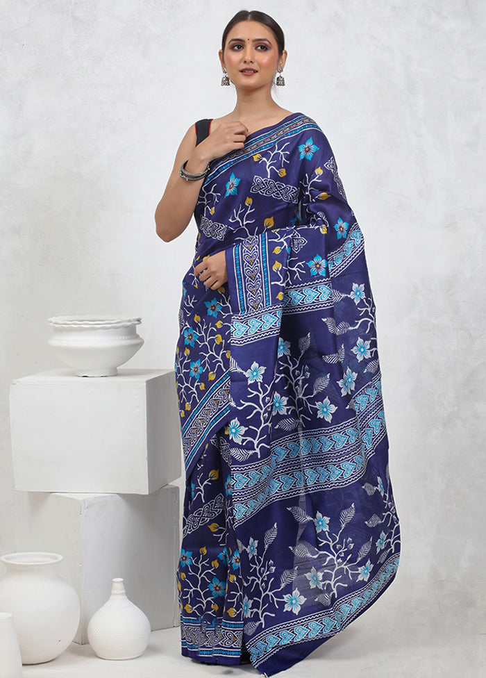 Blue Printed Pure Silk Saree Without Blouse Piece